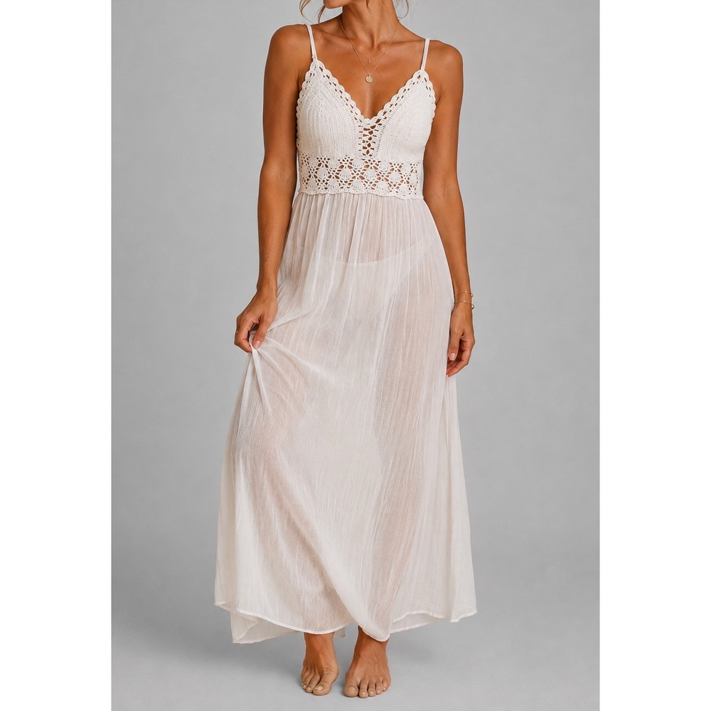 GOA Beachwear By Japna Maxi Beach Dress Coverup Womens L White Ivory Crocheted